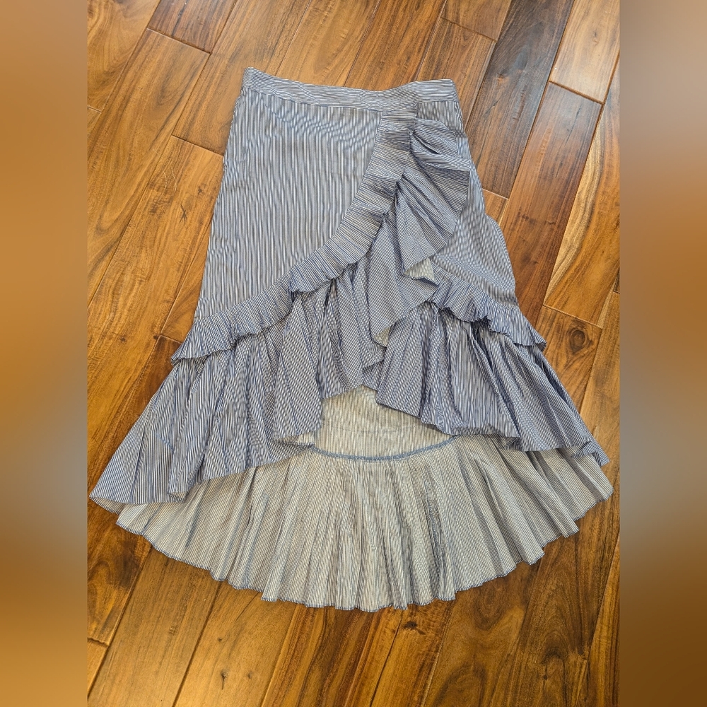 Striped Ruffle Midi Skirt Juliette Brand Size 8  Euc Blue And White Striped